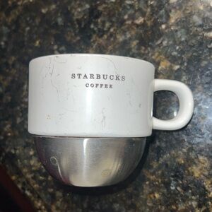 Starbucks White Ceramic w Silver Stainless Steel Bottom Coffee Mug Cup 2007 8oz